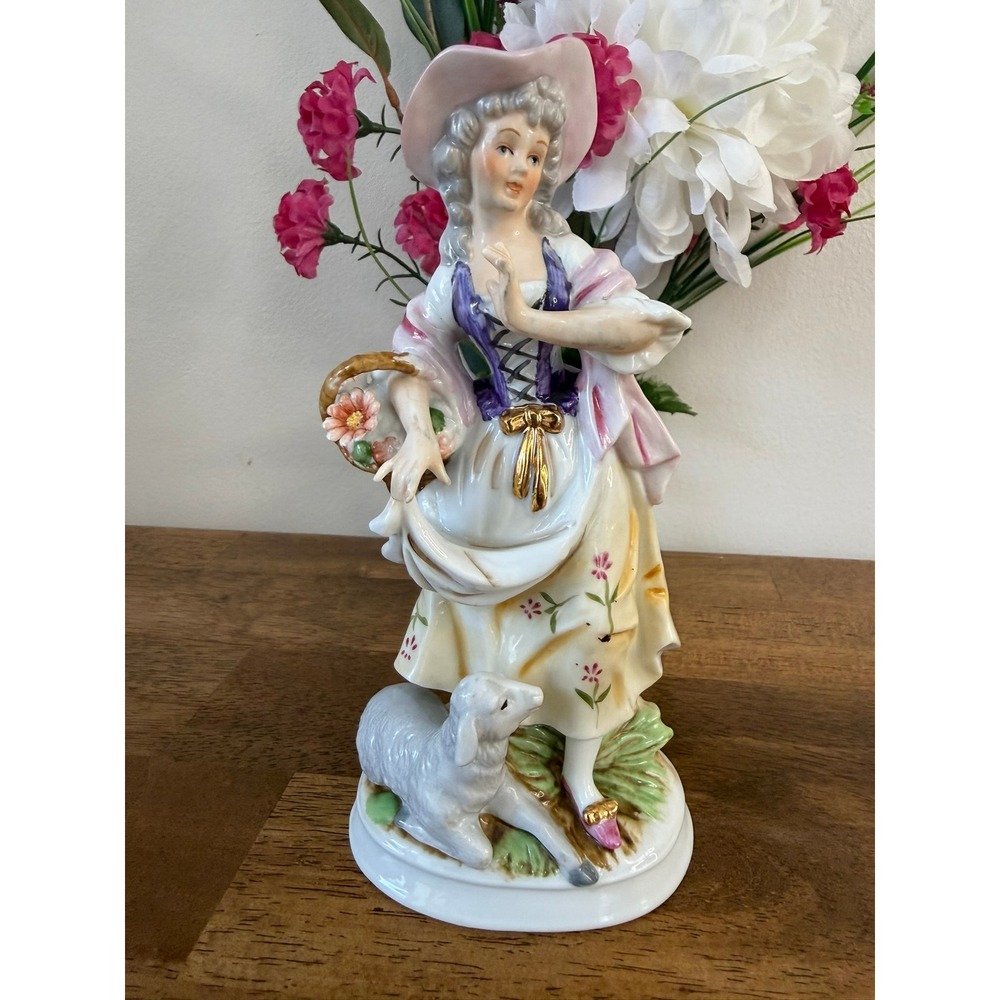 Vintage Porcelain Shepherdess Figurine Lady Lamb Basket Flowers Gold Gilt